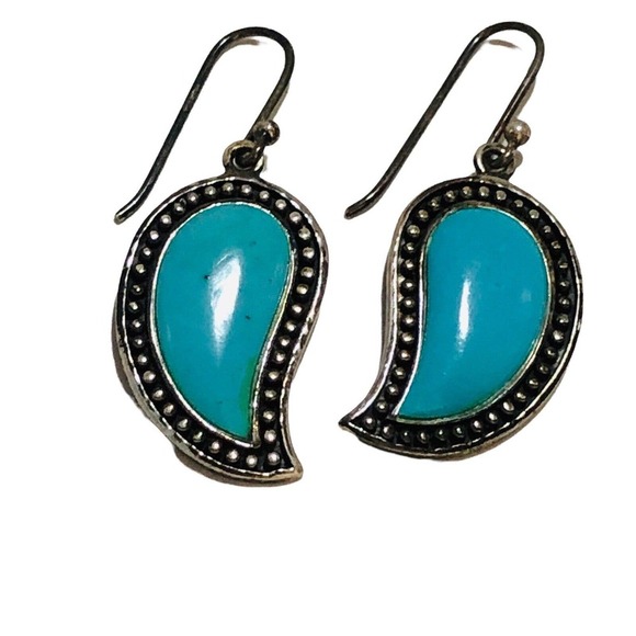 Sterling Silver SX 925 Thailand teardrop Shape Turquoise Dangle Earrings Hook - Picture 7 of 8